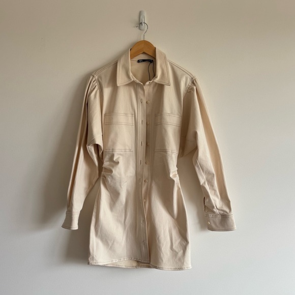 Zara | Blogger Fav Off-White Button-Up Cinched Waist Button Down Dress ~ Small - Picture 9 of 11
